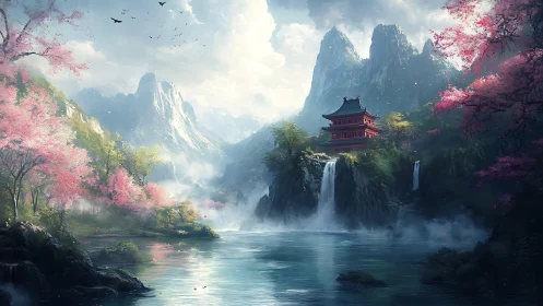 Sky-kissed pagoda above waterfalls and drifting cherry mists.