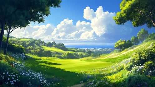 Sunlit coastal fairway drifting into a painted summer dream.