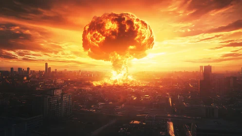 Nuclear fireball dominates devastated cityscape at sunset