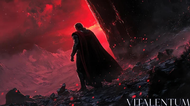 Cloaked warrior surveys volcanically lit alien ravine dusk.