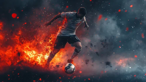 Flame-wreathed footballer slicing through smoky twilight storm.