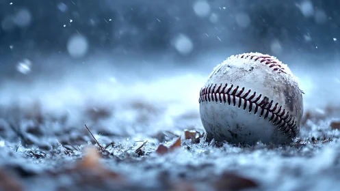 Weathered baseball resting on snowy ground in winter field.