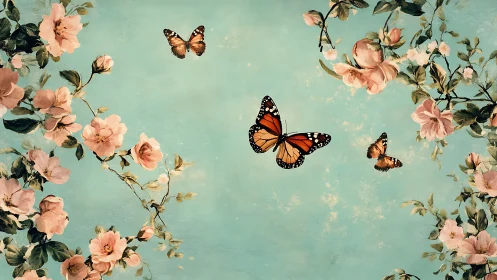 Monarch butterflies over teal sky with blooming roses.