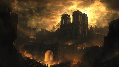 Gothic cathedral ruins in burning apocalyptic cityscape.