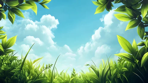 Lush Greenery and Blue Sky in Digital Nature Art Style.