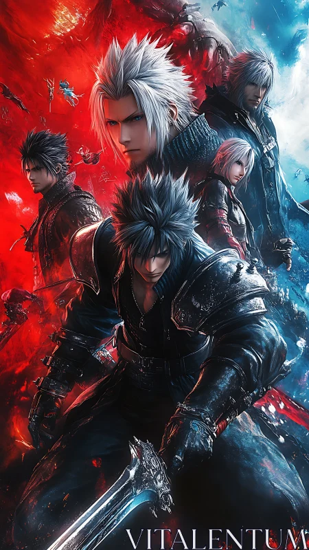 Anime warriors clash amid red blue elemental battlefield.