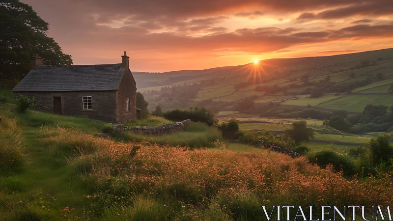Soft sunrise over a quiet stone cottage in green hills.