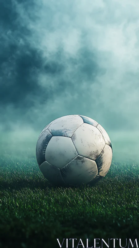 Weathered soccer ball on misty grass field at dawn.