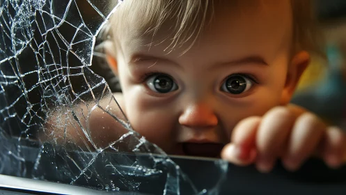 Infant gaze framed by fractured safety glass interface.