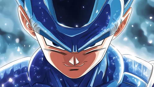 Intense blue-armored anime warrior rendered in high contrast lighting