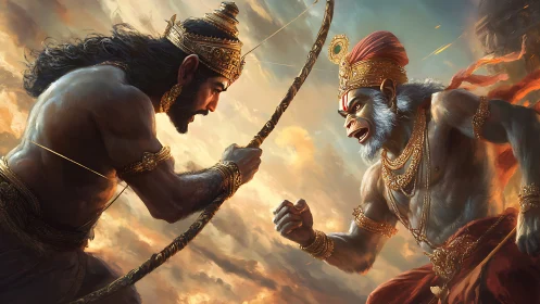 Epic standoff of warrior archer and divine monkey hero.