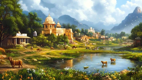 Sunlit riverside village and temple cradled by blue mountains.