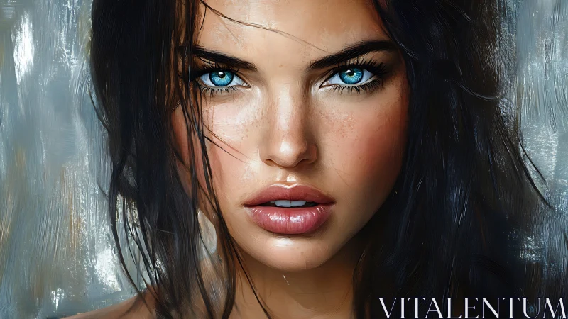 Hyperreal digital portrait of blue-eyed woman with wet hair