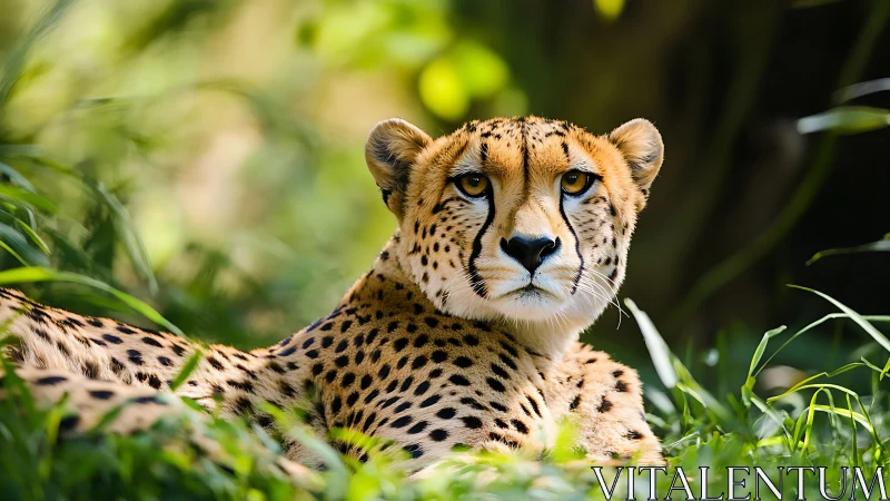 Golden cheetah daydreams in sun-drenched jungle hush.