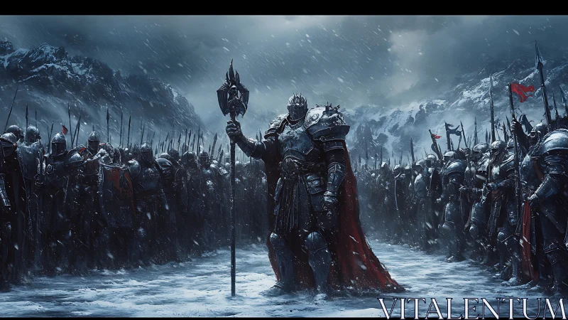 Armored warlord leads phalanx in blizzard-swept mountain pass.