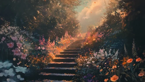 Luminous Garden Pathway: Ethereal Digital Landscape With Golden Hour Lighting
