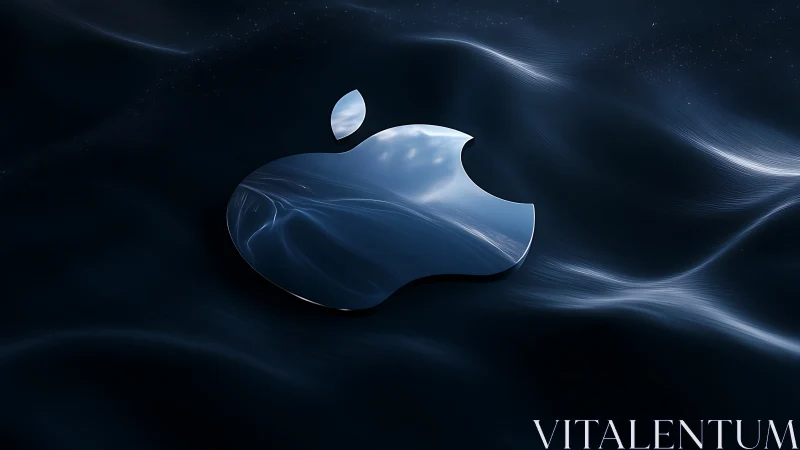 Reflective metallic apple emblem on dark fluid wave field.