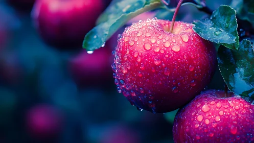 Morning-kissed apples glowing with jeweled raindrops.