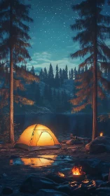 Starlit forest campsite glows warmly beside a calm lake