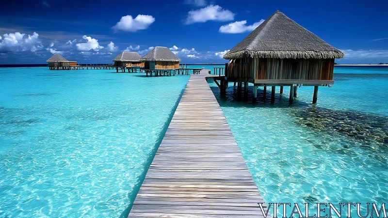 Wooden boardwalk extends to stilt bungalows over clear water