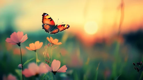 Sunlit butterfly resting on cosmos blooms at golden hour.