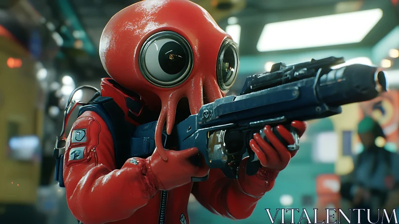 Squid-headed space trooper aiming high-tech plasma rifle.