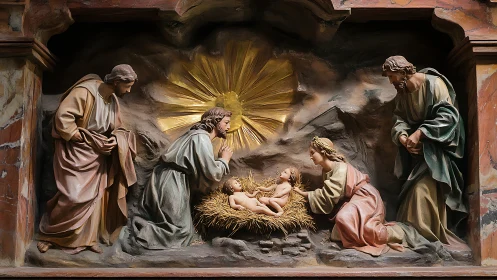 Sacred nativity relief with radiant gold celestial backdrop.