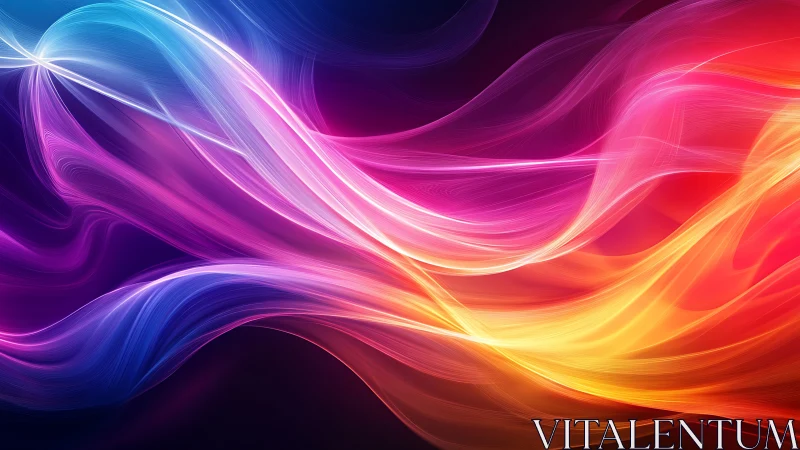 Vibrant neon light waves flow across deep gradient space