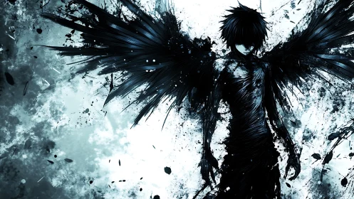 Dark winged humanoid in abstract monochrome ink explosion