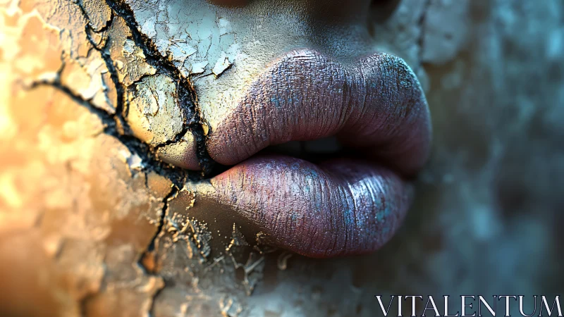 Cracked metallic skin with hyperreal iridescent lips macro study