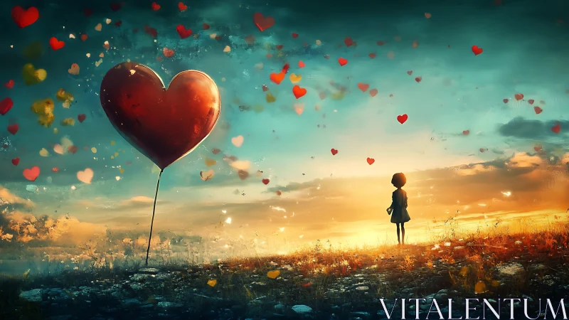 Child Holding Giant Heart Balloon Against Sunset Sky