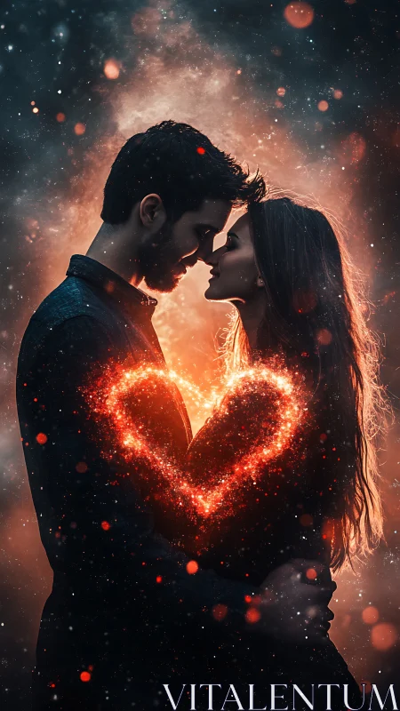 Cosmic Romance: Silhouettes With Glowing Heart.