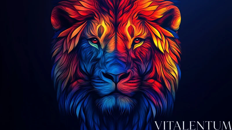 Symmetric multicolor lion head illustration on dark background.