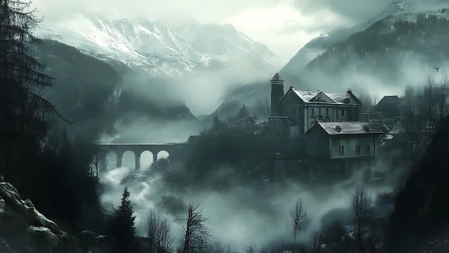 Mountain village in dense valley fog with distant viaduct.