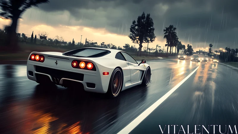 White sports car on wet highway under dark storm clouds.