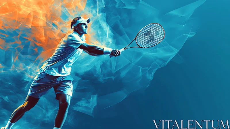 Dynamic tennis player lunges through blue and orange energy.