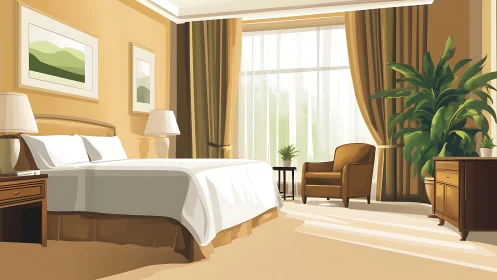 Sunlit hotel bedroom shows warm minimalist interior design