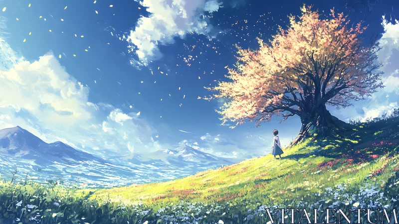 Girl beneath luminous blossom tree on sunlit hillside.