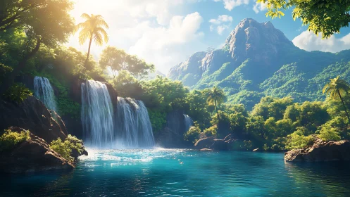Sunlit tropical waterfalls cascade into serene blue lagoon.
