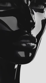 Glossy monochrome close-up of stylized human face.