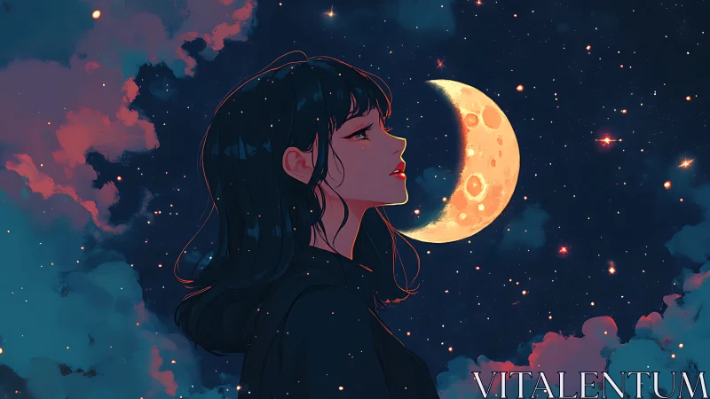 Moonlit dreamer gazes softly into a quiet starlit sky