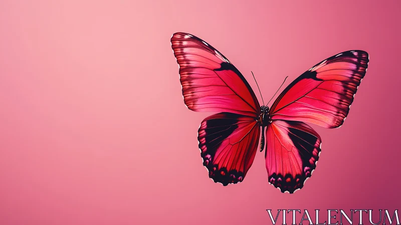 Pink butterfly spreads luminous wings on gradient backdrop.