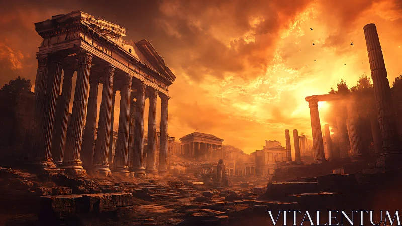 Sunlit Roman ruins rendered in high-contrast atmospheric detail