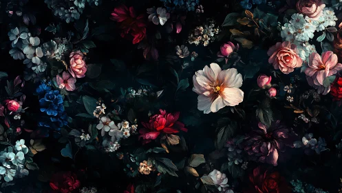 Dark Floral Arrangement Against Black Background.