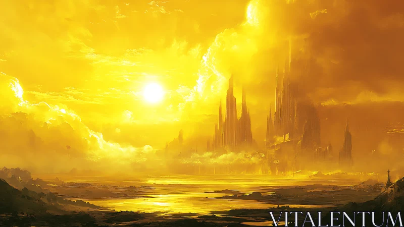 Radiant celestial citadel under intense golden atmospheric glare