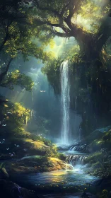 Backlit forest waterfall cascades beneath massive ancient tree
