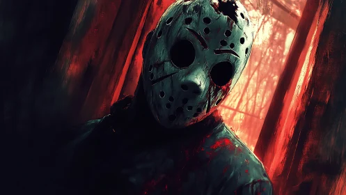 Masked figure in dim interior with red backlit curtains.