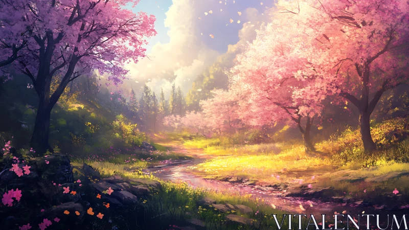 Spring creek in luminous cherry blossom forest glade