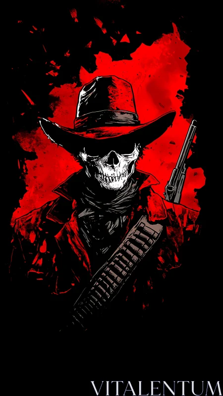 Skeletal gunslinger portrait with red splatter backdrop.