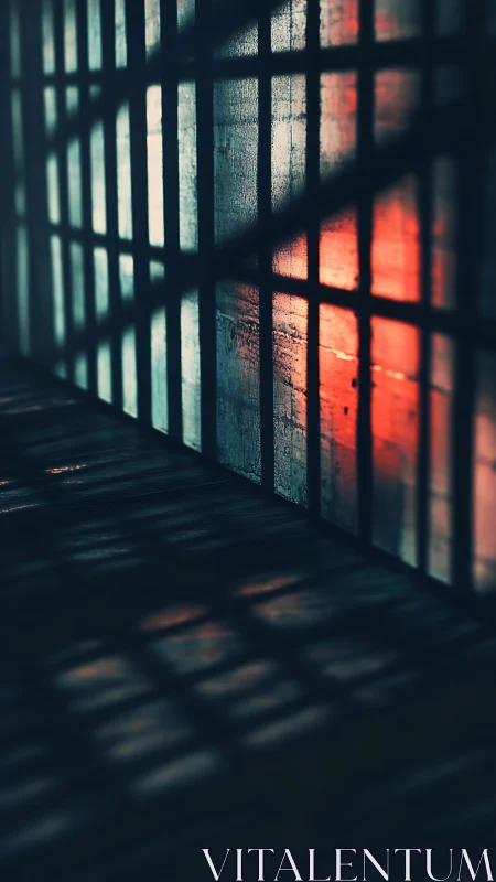 Gridded light and shadow on interior wall and floor surface.